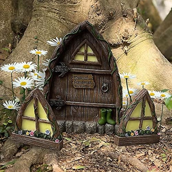 Miniature Fairy Gnome Hjem vindue og dør til træer Dekoration Have Art Miniature Craft Elf Court