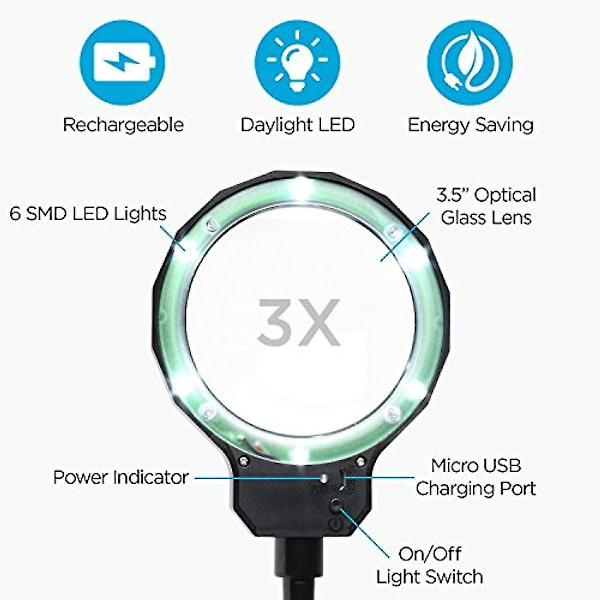 Förstoringsglas LED 3x Förstoringslampa USB-driven Klämma Optiskt Glas Förstoringsglaslins