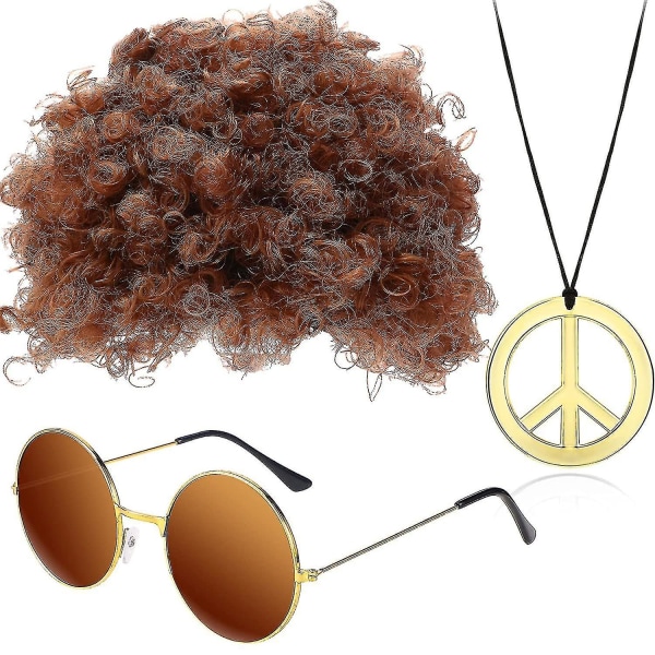 Disco og solbriller Hippie-kostymetilbehørsett for menn inkluderer Afro-kjede 50-/60-/70-talls temafest