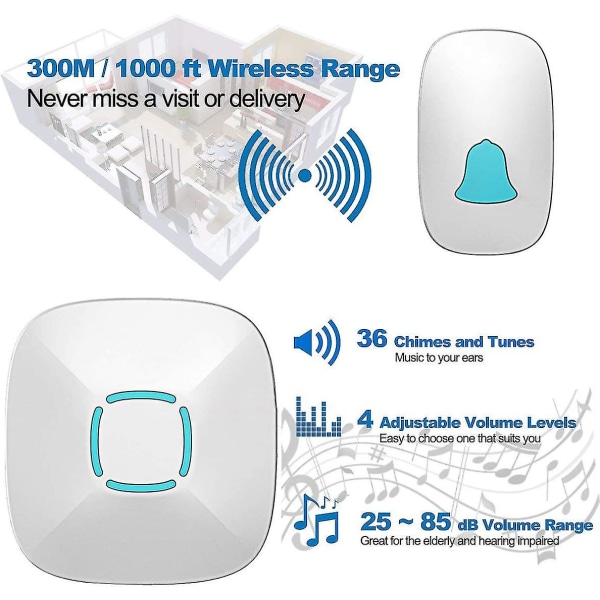 Trådløs ringeklokke, 1000 fot/300 m avstand bærbar radiorekkevidde med 36 ringeklokker, ingen batterier kreves for mottaker, blå/hvit (1 sender + 1