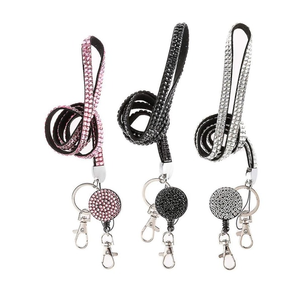 3-pack 32-tums All Around Bling Crystal Läderhalsband Snodd med Utdragbar Märkesrulle för I