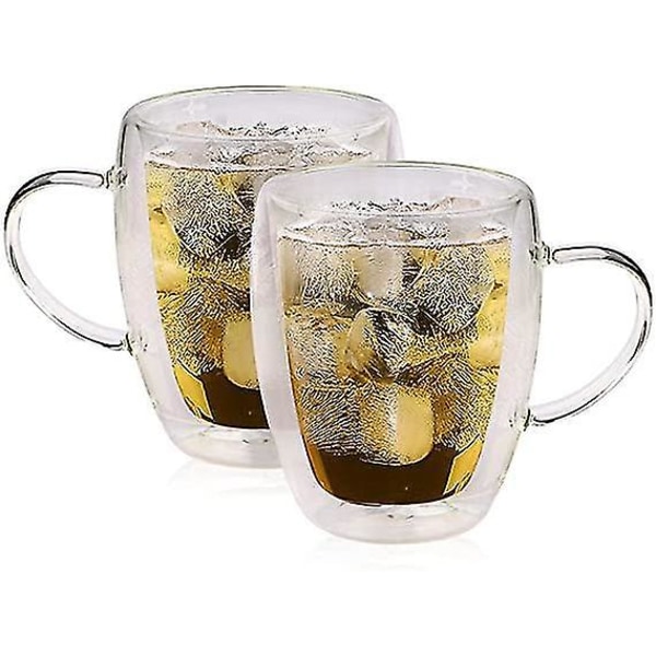 2 stk 350 ml Dobbelveggs Kopper Håndtak Varmebestandig Glass
