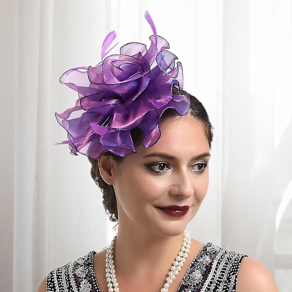 Mini Fascinator Hat med Kunstige Fjer, Netgarn Blomst Form, Ensfarvet Cocktail Hovedbeklædning Hårtilbehør