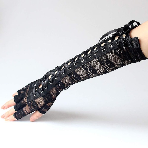 Damebandage lange handsker, sexede sorte blonder lange fingerløse handsker, Cross Bandage Opera Lolita