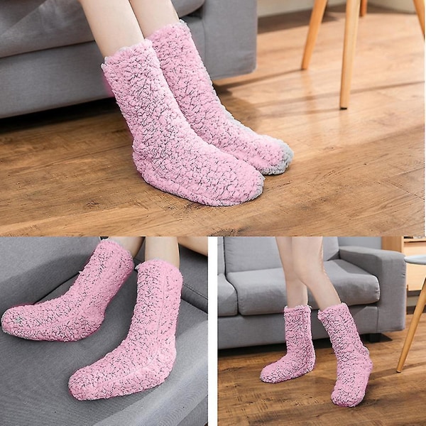 1 pari liukumattomat/liukumattomat sukat, talviset pörröiset mukavat fleece-sukat, pehmeät paksut lämpimät lattiasukat Pink