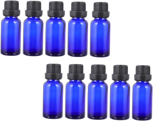 12 st 10 ml blå glasflaskor för eteriska oljor med droppare och stort lock, bärbara reseflaskor
