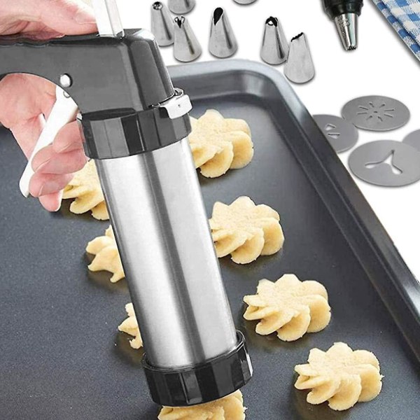 Kageformningssæt, Cookie Maker Press Gun Kit, rustfrit stål bageudstyr til kagefremstilling og glasur