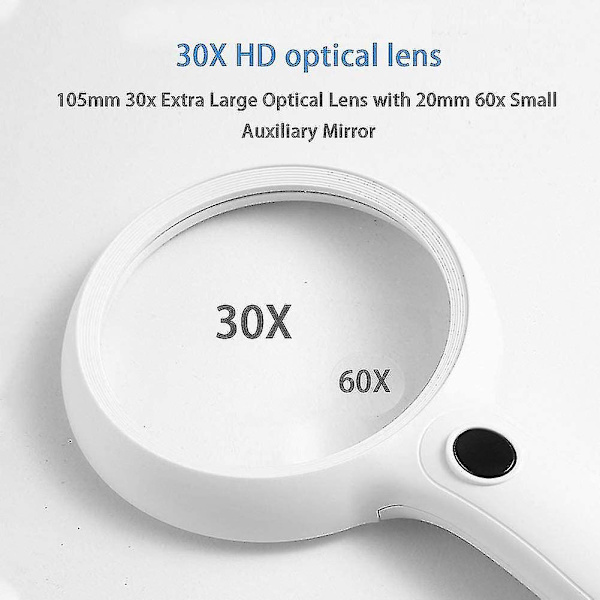 Håndholdt forstørrelsesglas med 14 LED-lys, 130 mm ekstra stort forstørrelsesglas, 30x