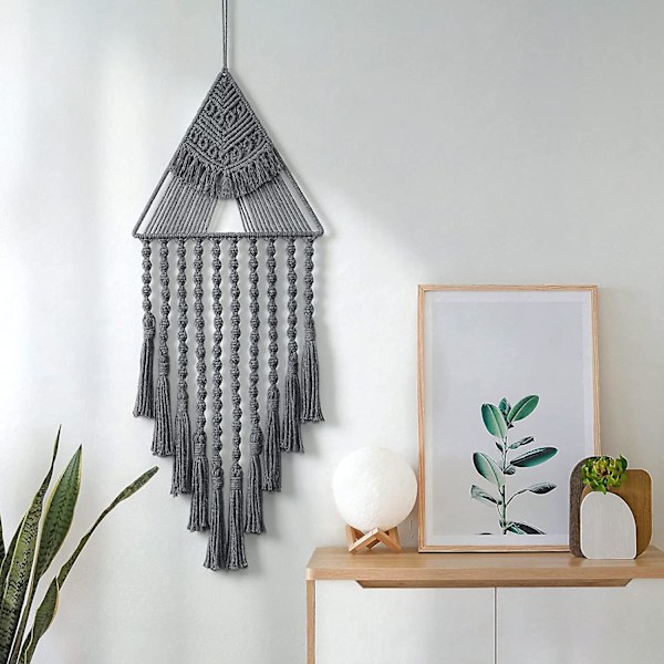 Pitsikuvioinen seinävaate kolmiomaisella tupsulla, geometrinen taide, boheemi kodin sisustus, seinätaide, makuuhuoneen ovipaneeli Grey