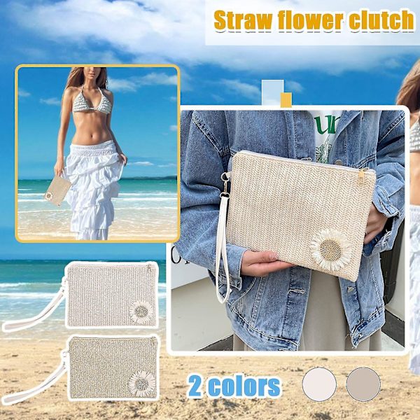 Ny Halm-Flettet Blomster Håndleds Clutch Taske Konvolut Pung Kort Holder: (beige1stk)