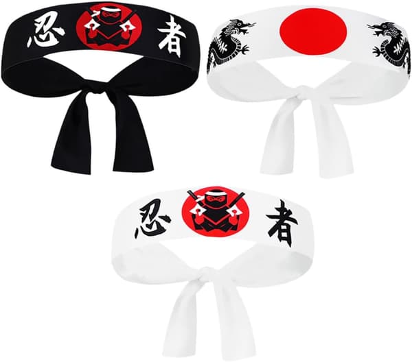 3 stk. Ninja Samurai Pannebånd for menn og kvinner, japanske Hachimaki Hodeplagg
