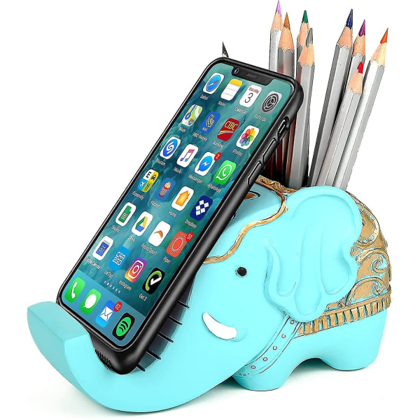 Pennhållare med mobiltelefonställ, multifunktionell elefantformad hartsbehållare Organizer Söt skrivbord
