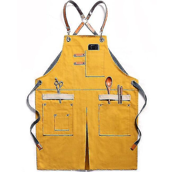 Förkläde i Denim med Fickor Unisex Jeanförkläde Justerbart Förkläde för Kök yellow