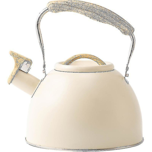 Kogende Kedel med Fløjte, Rustfrit Stål Tekande med Træ Mønster Foldbart Håndtag til Gasskomfur Induktion, 3l A-yuhao Beige White
