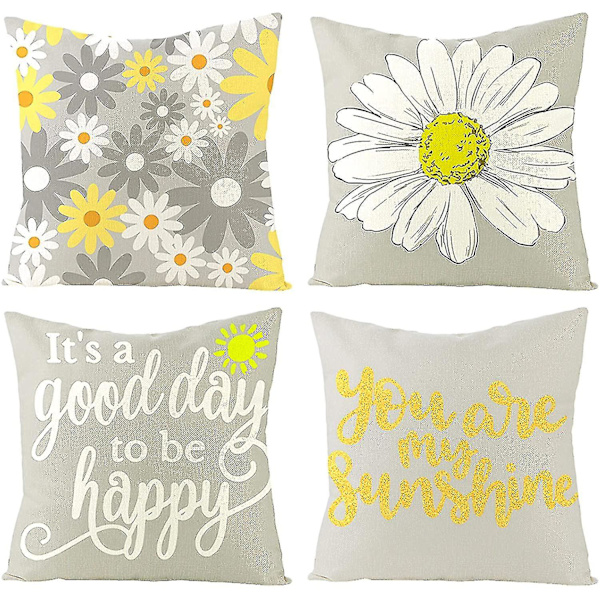 Set med 4 Utomhuskuddfodral för Trädgårdsmöbler Trädgårdskuddar Linne Grå Kuddfodral 18*18 Gul Maskrosblomma Fo