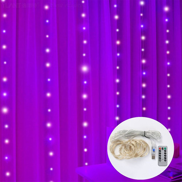 Gardinslynge med 200 LED Lys 3m X 2m Julelys Vandafvisende USB-drevet 8 Tilstande Fjernbetjening Lysstreng Til Soveværelse Vægge Vindue Terrasse Fest Jul Ind Purple