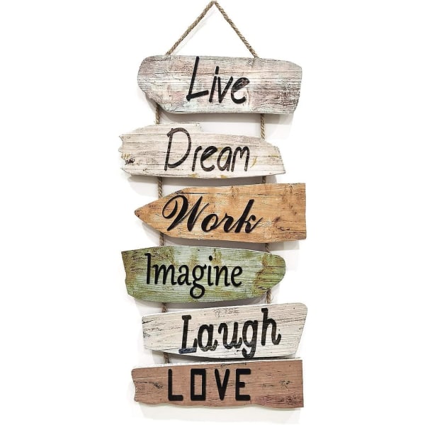 Vägghängande skylt Rustik träväggskylt (liv, dröm, arbete, fantasi, skratta, kärlek) Heminredning Träväggdekor