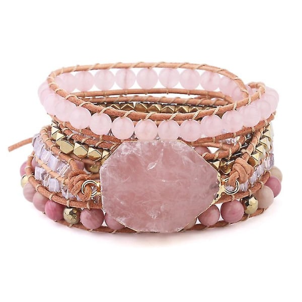 Natursten armbånd Pink Quartz Læder Wrap armbånd til kvinder krystal perler smykker