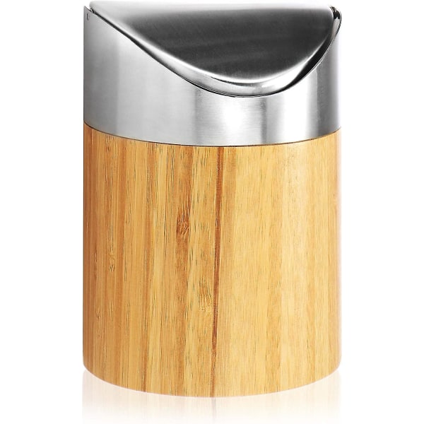 Trash Can With Swivel Lid - Bamboo Table Top Trash Can With Stainless Steel Lid - Compact Vanity Case For Bathroom (1pcs-light Brown - Bamboo)