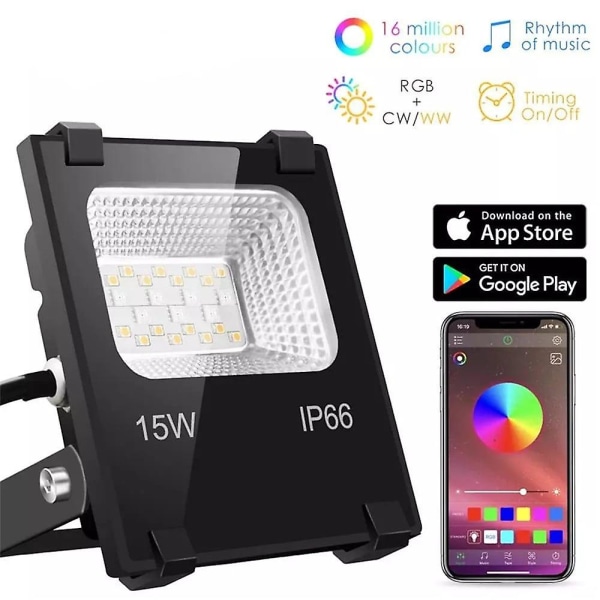RGBW App LED Flomlys 15W Bluetooth Utendørs Smart Flomlys