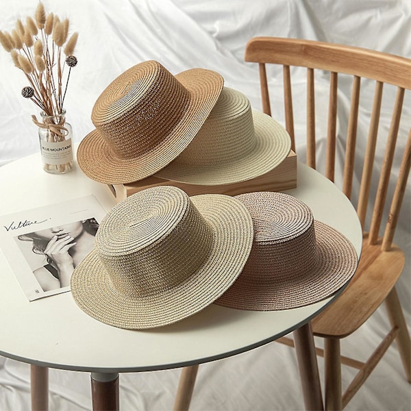 Solid Farvet Solhat til Kvinder med Bred Skygge - Strohat til Udendørs, Strand, Sommerhat Khaki