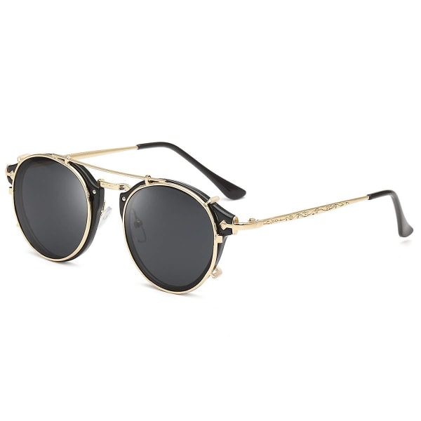 Solglasögon Steampunk Metall Retro Cirkel Dubbla Linser Vintage Runda Spegel Linser För Kvinnor Män Svart