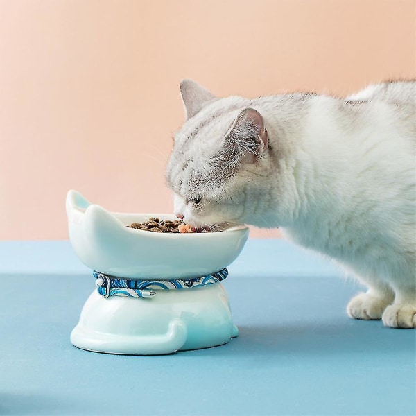 Keramisk katte- og hundeskål overliggende tallerken Nakkebeskyttelse Veltende matertilbehør for kjæledyr Katt liten D