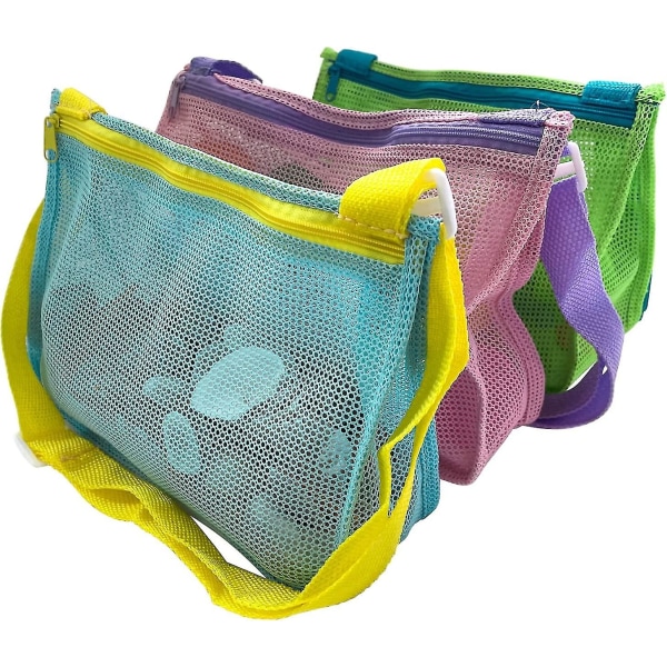 Strandleker nettingvesker, samlevesker for barn med glidelås og justerbar bærestropp (blå+lilla+gul)3 stk.