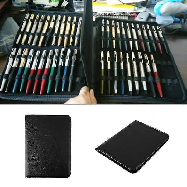 Fyldpen Rollerpen Sort PU Læder Lynlås Etui 48 Penne