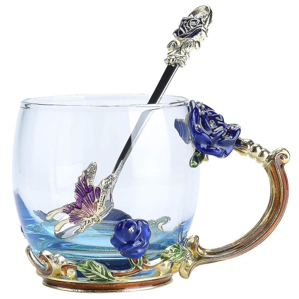 Teekuppi kahvimuki lasikupit lusikalla Kaunis perhosruusulahjapaketti