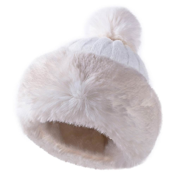 Naisten keinotekoisen turkiksen neulottu pipo, fleecevuorattu, talvinen lämmin Ushanka-pipo, beanie-pipo, hiihtopipo White