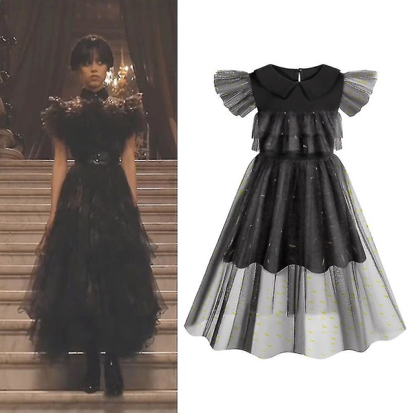 Onsdag Addams Rynkad Vintage Tulle Klänning för Flickor Barn Festlig Kostym 6-7 Years