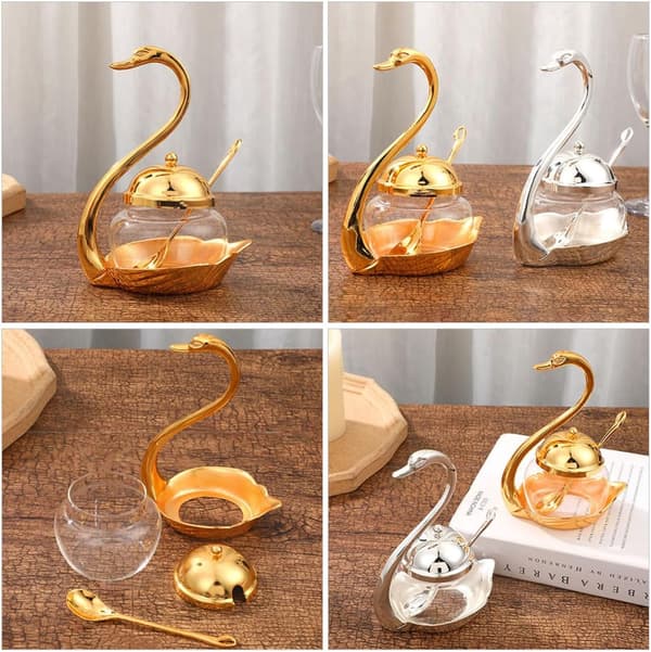 Krydderbeholder Elegant med skje Svanformet sinklegering og glassmateriale Salt- og tebladholder