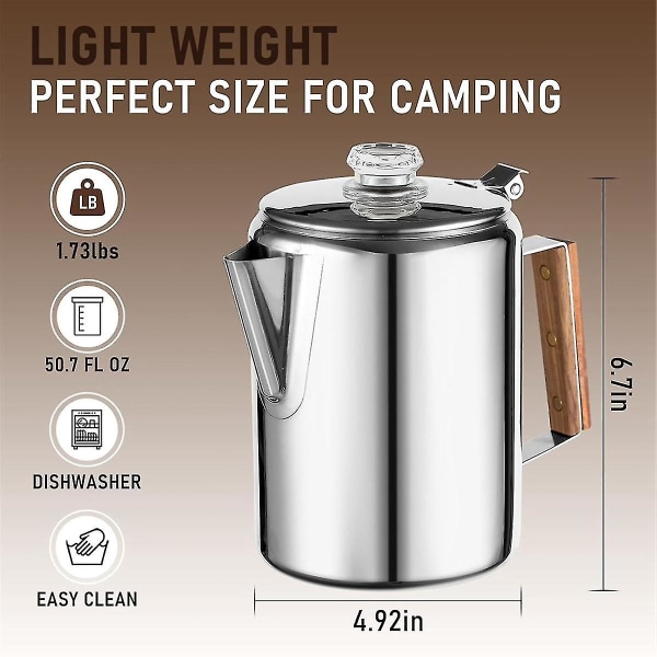 Kaffetraktere Komfyrtopp for camping, perkolator kaffekanne i rustfritt stål kaffetrakter Camping