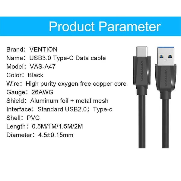 Vention A47 USB 3.0 til Type-C Synkroniseringsoplader Højhastighedskabel