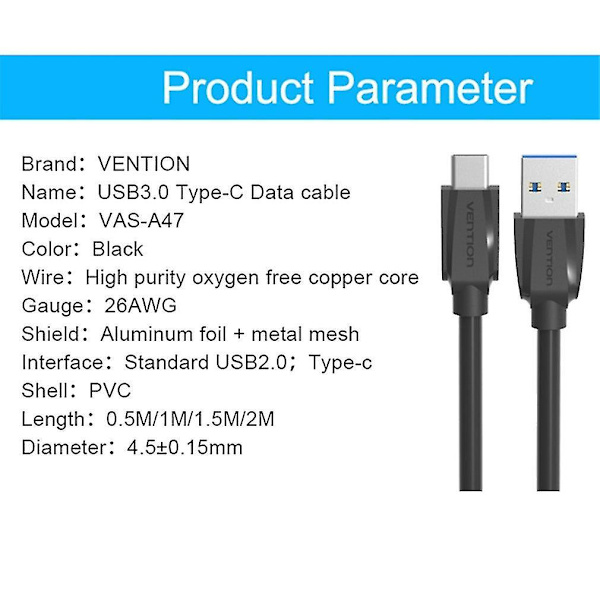 Vention A47 USB 3.0 till Type-C Synkroniseringsladdningskabel