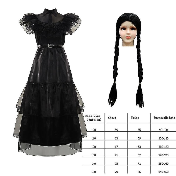 Wednesday Addams Wednesday Kostym Peruker Kläder Dräkt För Barn Flickor Förklädnad 100 DressA with Wigs