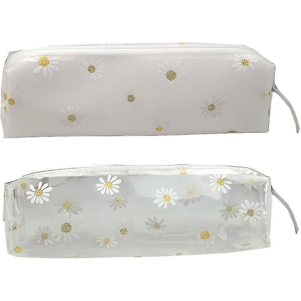 Clear Plastic Daisy Pencil Case Bag Stationery Pouch Makeup Bag Pencil Organizer For School Office (white+ Transparent 2pcs)