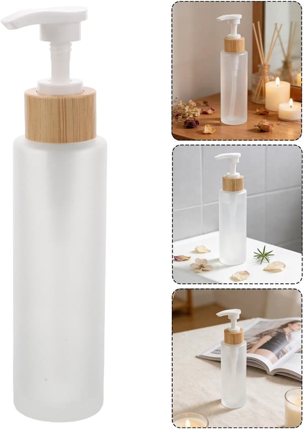 3 st frostade glaslotionpumpsflaskor med bambulock 120 ml