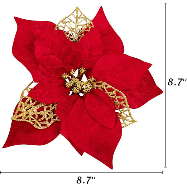 15 stk. Juleblomster i Poinsettia, Kunstige, Dekorationer, Juletræspynt, Rød Glitter, Guld med Klips