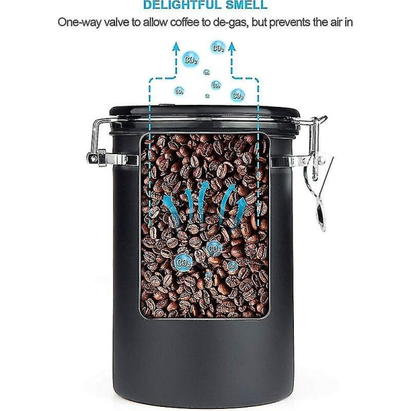 Lufttæt Kaffebeholder - Kaffe Bønnebeholder Med CO2 Ventil - Med Måleske - 1.8l (sort)