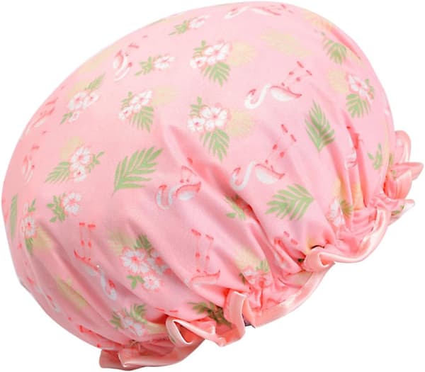 Vanntett dobbeltlags dusjhette for kvinner, badehette med elastisk bånd, rosa flamingo-trykk
