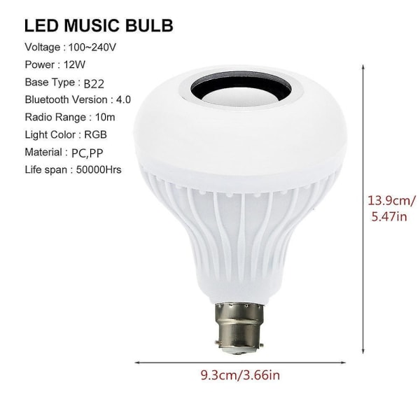 Bluetooth Glödlampa Högtalare 12w Smart E27 E26 B22 Rgb Led