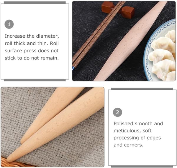 4 stk. kjevlesett i tre for deig- og pizzarulling, ergonomisk design i bøkemateriale