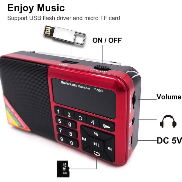 Mini bærbar FM-radio Usb Micro-sd og indbygget mp3-afspiller, led lommelygte, 1500 mah genopladelig (rød)