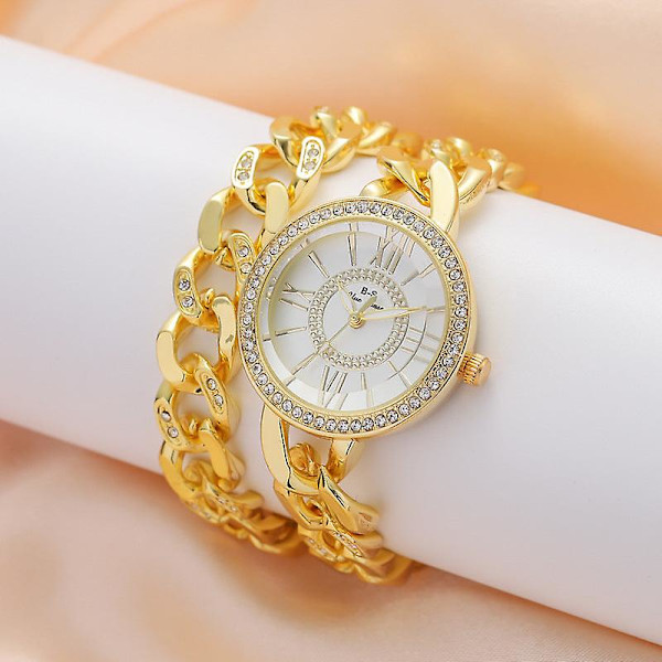 Let Luxury Dameur Roman Urværk Fuld Diamant Kvarts Ur Mode Enkel Dobbelt Kæde Ur Gold