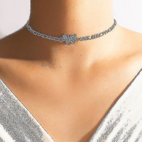 Halsband för damer med diamantfjäril, enkel lager, kragekedja, metallkedja