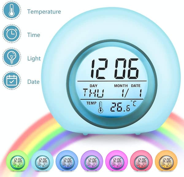 LED-vækkeur til børn, vækkeur med 7 farveskiftende lys