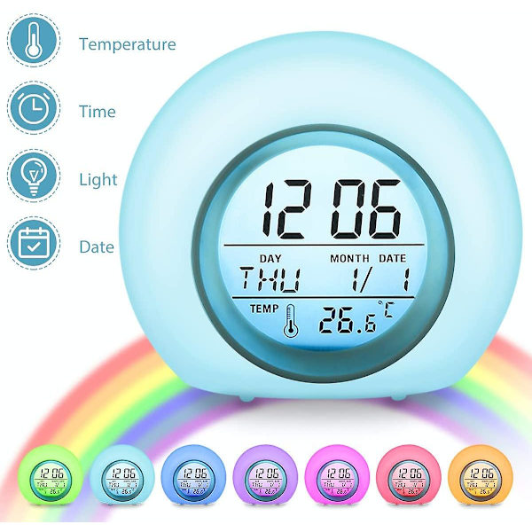 LED-vekkerklokke for barn, vekkerklokke med 7 fargeendrende lys