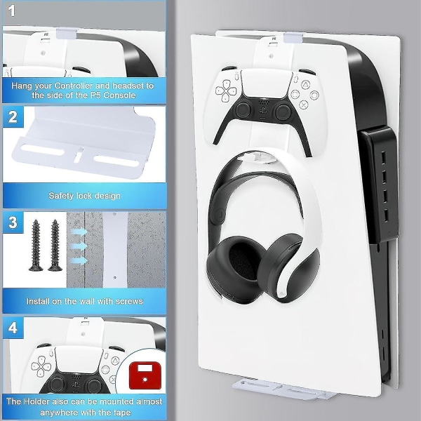 Auniq PS5 Vægmounted Beslag Til Playstation 5 (Disc Og Digital Udgave) Robust Stål Med Controller Holder Høretelefon Hængere Skruer Svampe Hvid